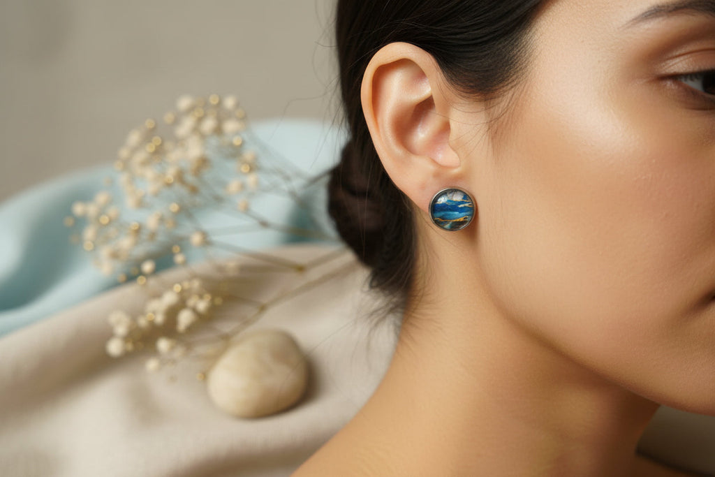 Cabochon Earring Mineral Style Blue Waves