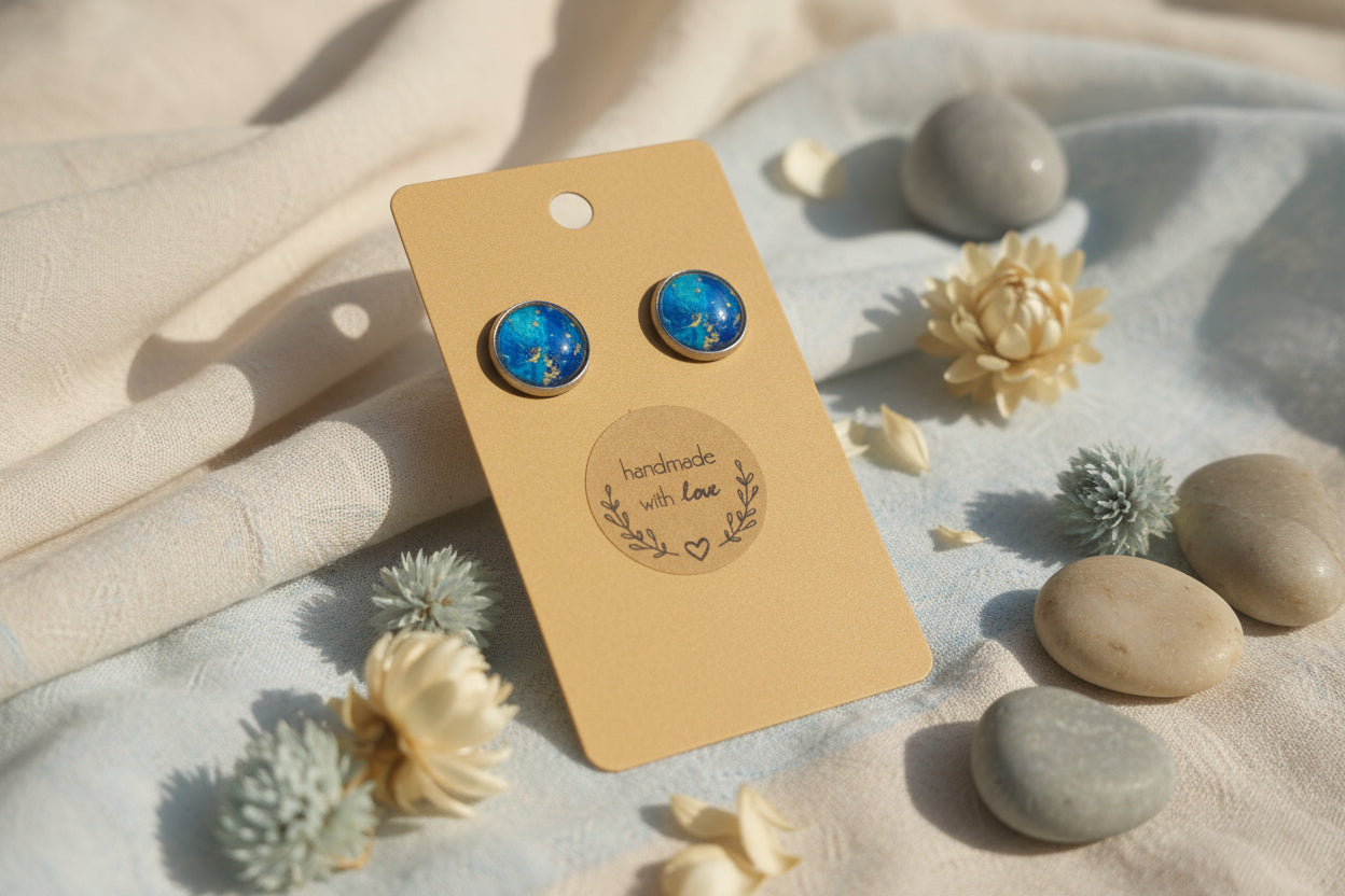 Cabochon Earring Mineral Style Vivid Blue
