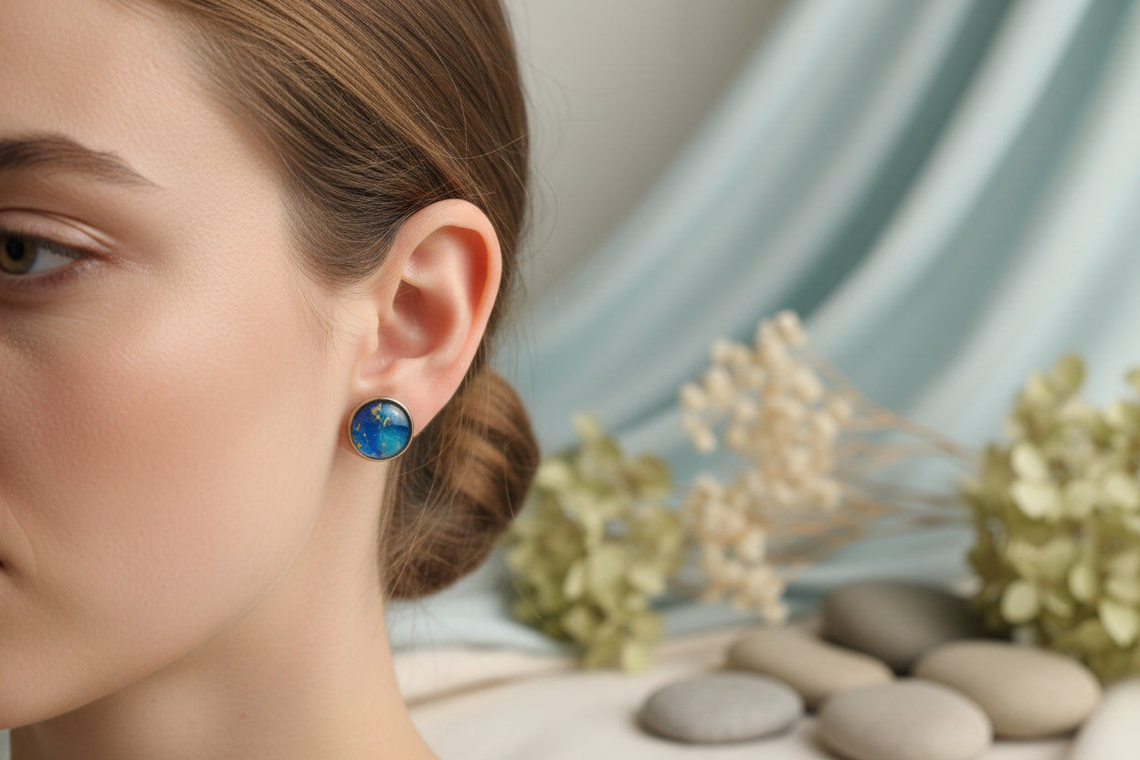 Cabochon Earring Mineral Style Vivid Blue