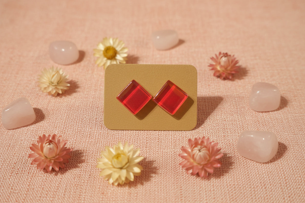 Cabochon Earring Square Pink