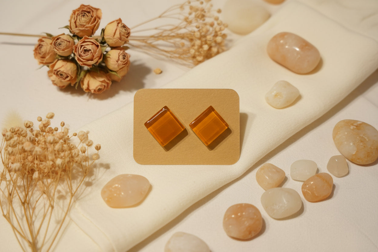 Cabochon Earring Square Orange