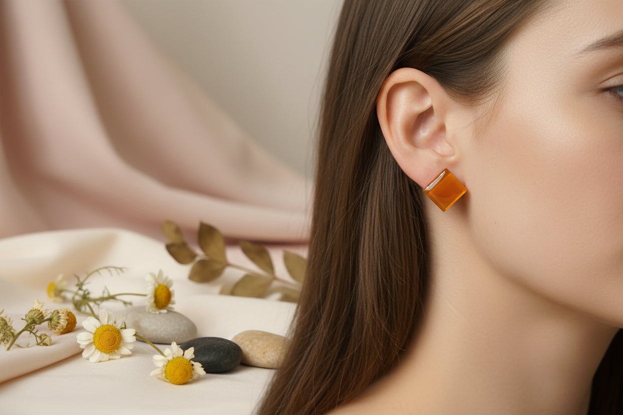 Cabochon Earring Square Orange