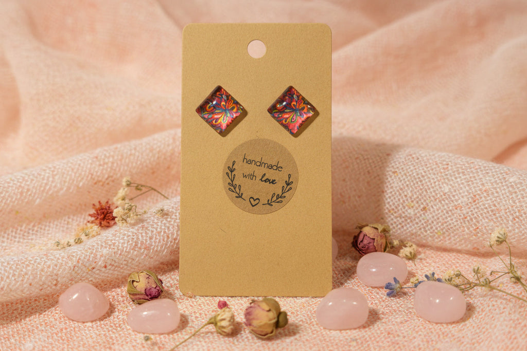 Cabochon Earring Square Colorful Pink