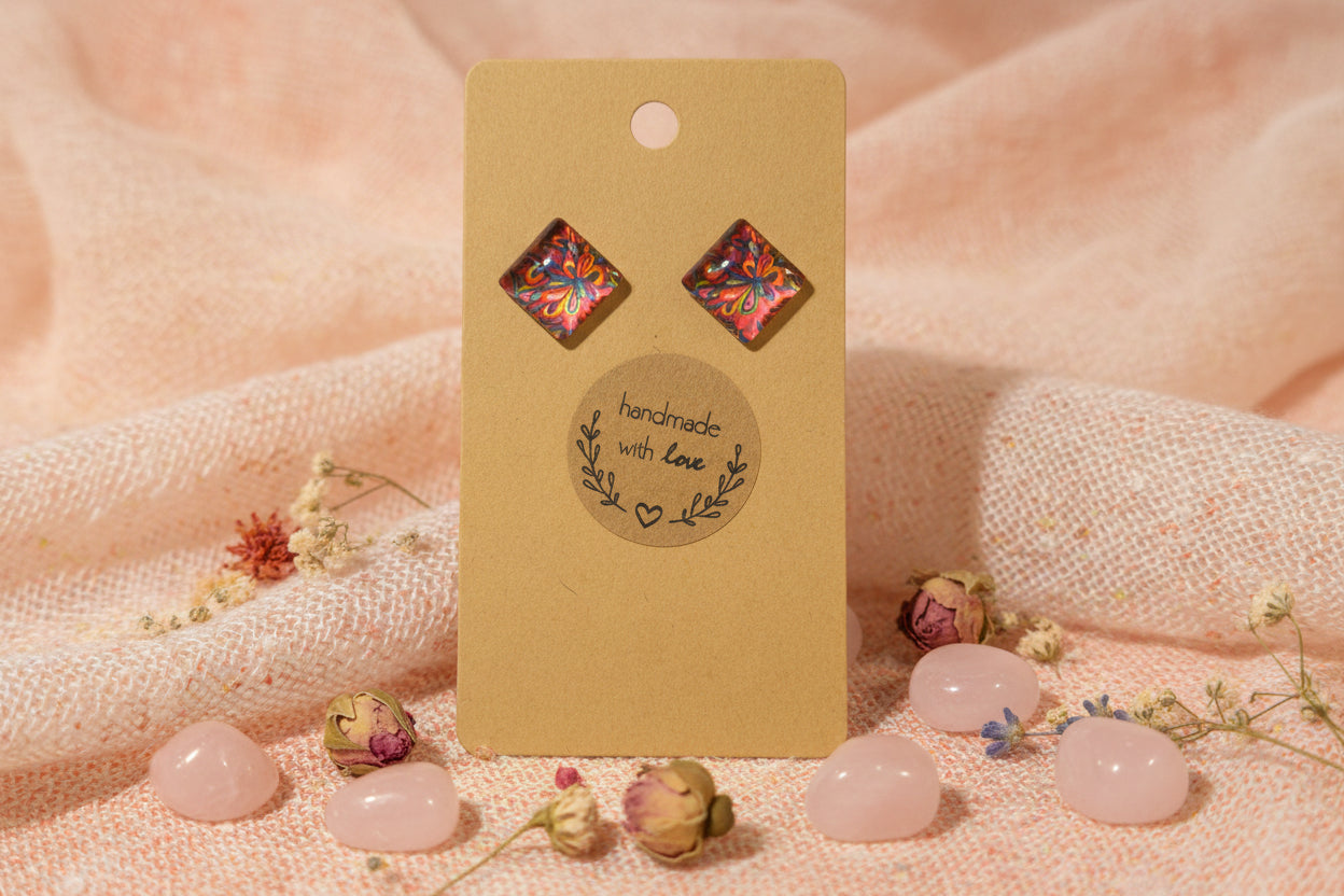 Cabochon Earring Square Colorful Pink