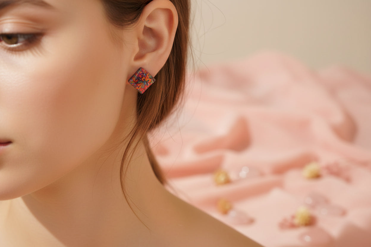 Cabochon Earring Square Colorful Pink