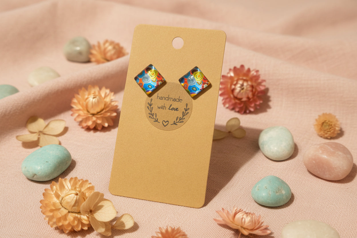 Cabochon Earring Square Colorful Blue