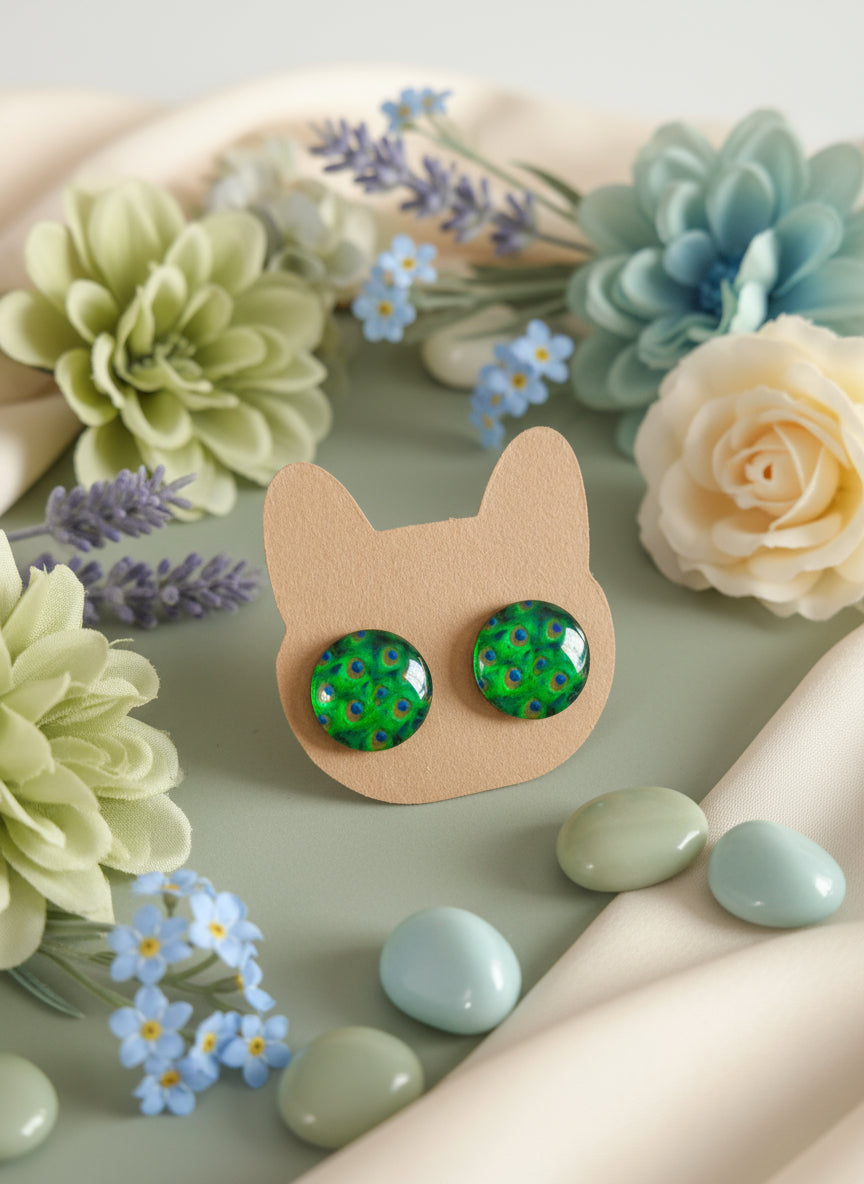 Cabochon Earring with Peacock