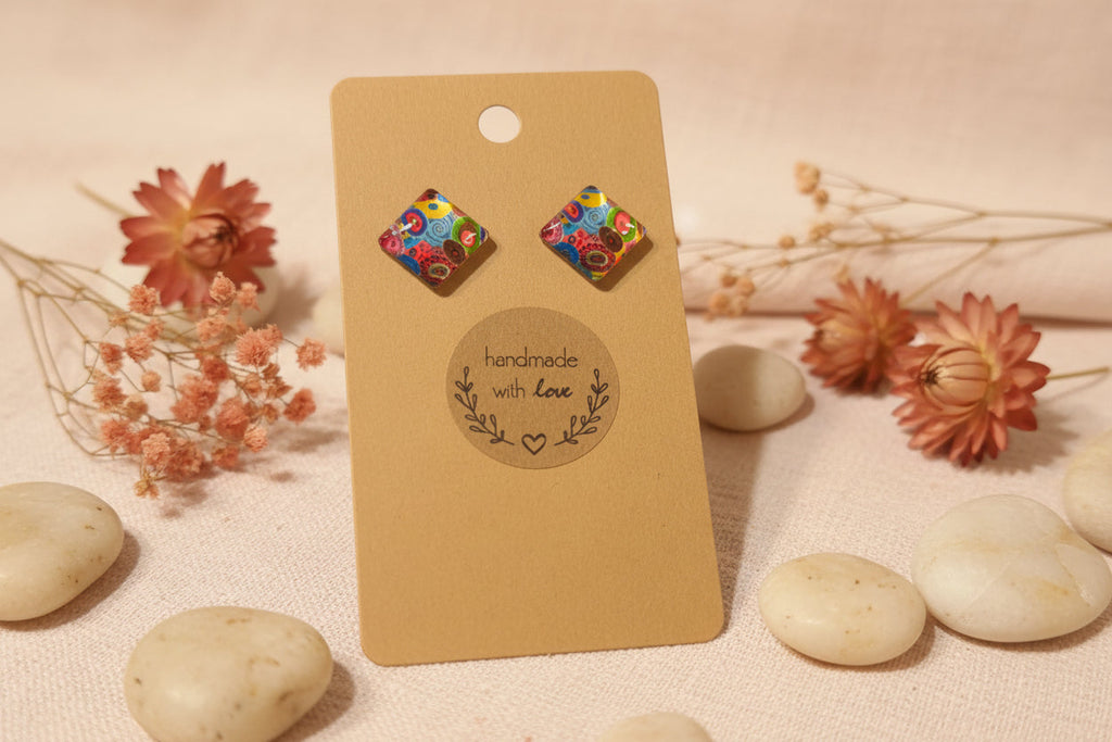 Cabochon Earring Square Colorful