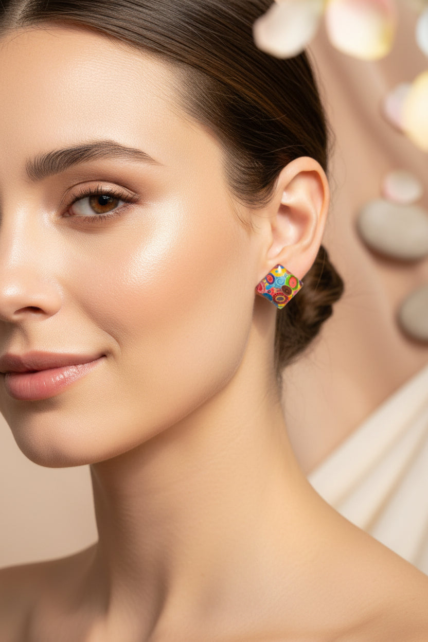 Cabochon Earring Square Colorful