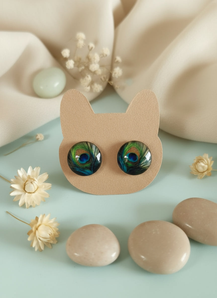 Cabochon Earring with Peacock