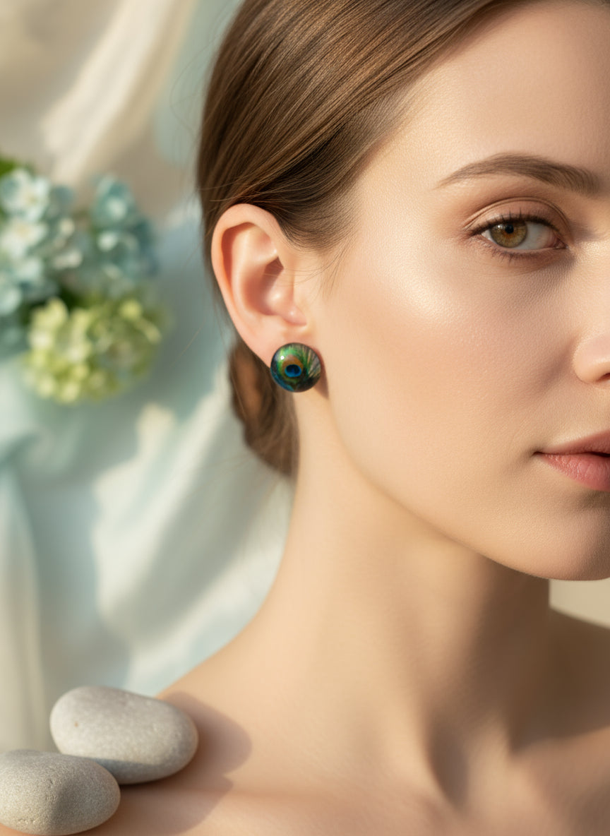 Cabochon Earring with Peacock