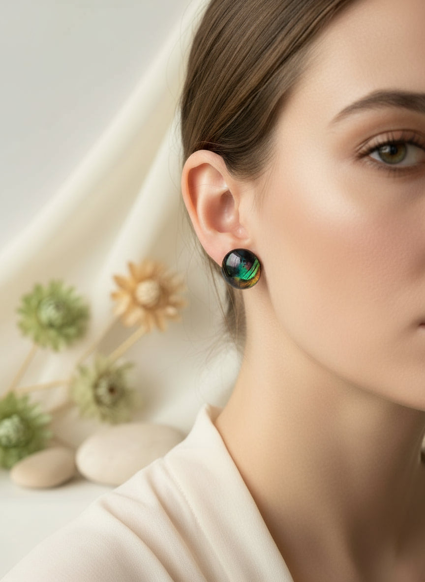 Cabochon Earring with Peacock