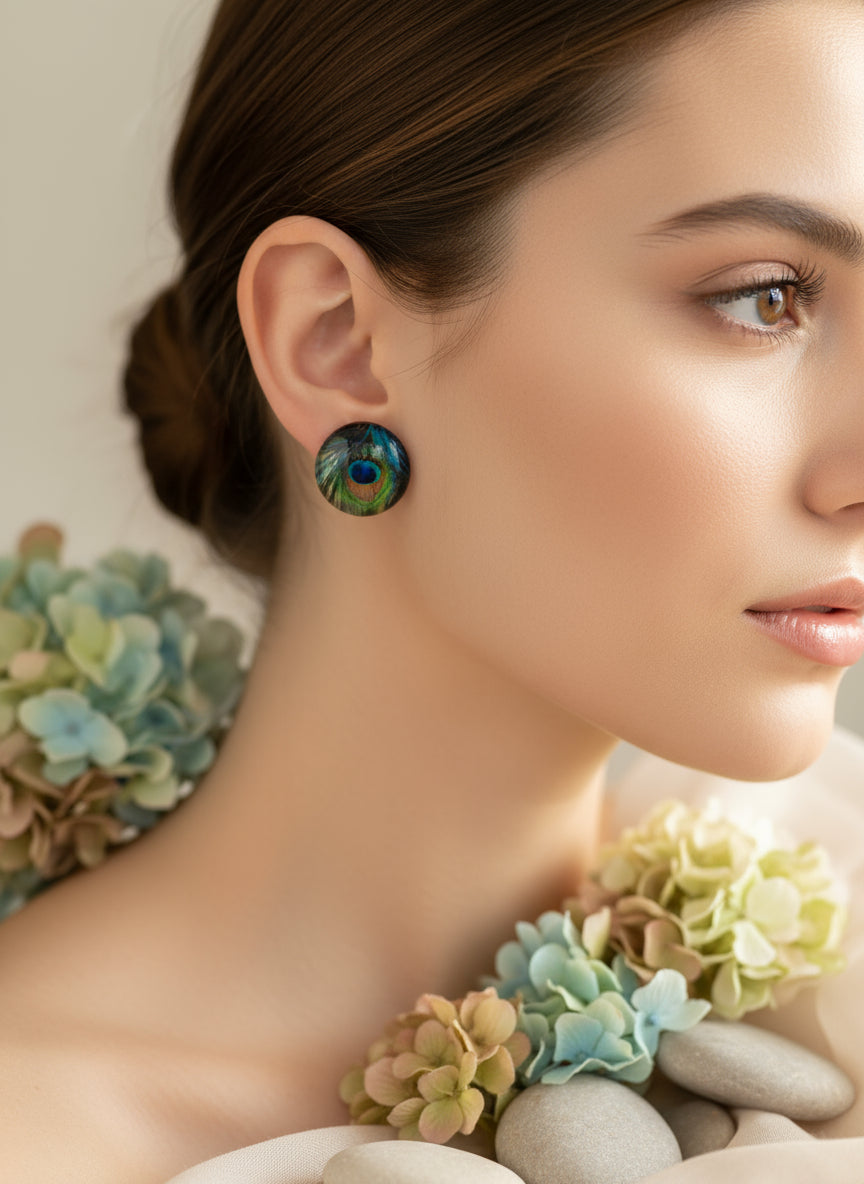 Cabochon Earring with Peacock