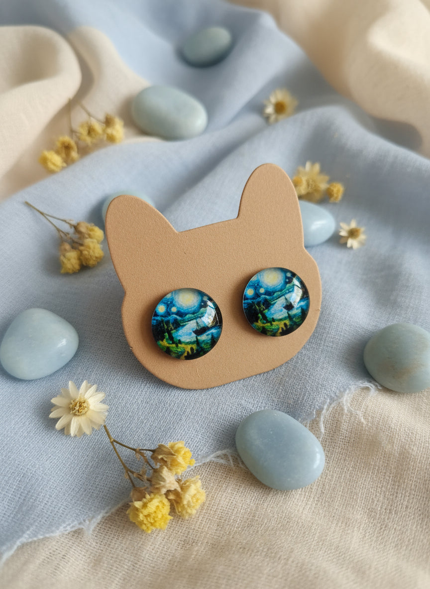 Cabochon Earring with Landscape and Town