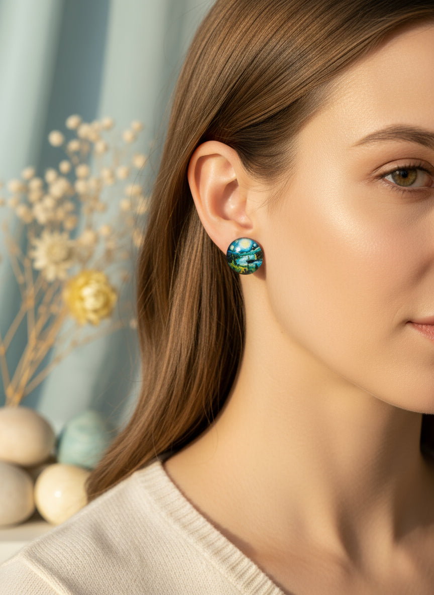 Cabochon Earring with Landscape and Town