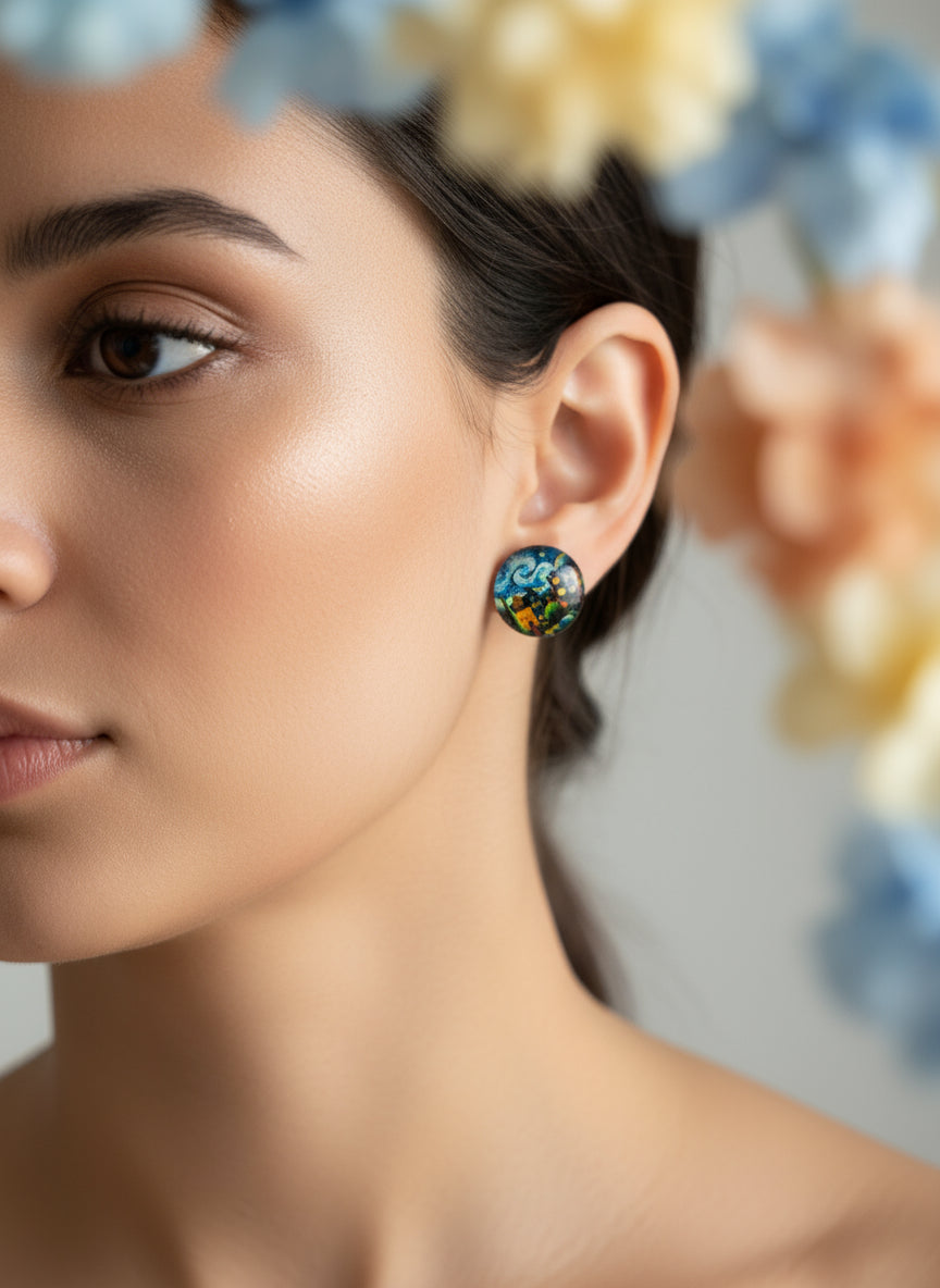 Cabochon Earring with Landscape and Town