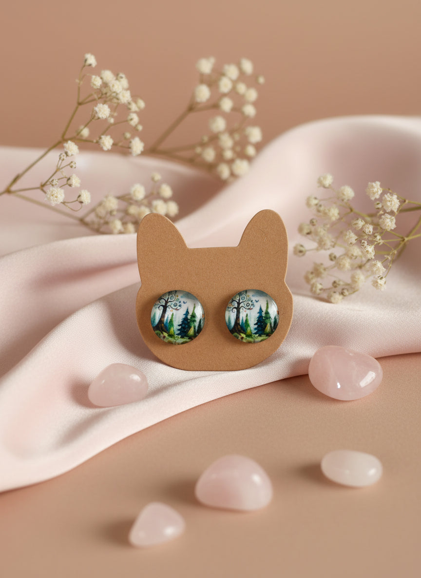 Cabochon Earring with Landscape and Town