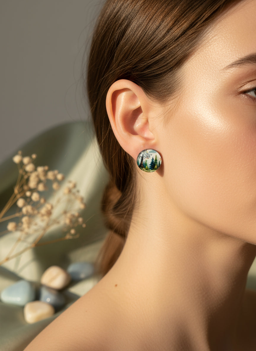 Cabochon Earring with Landscape and Town
