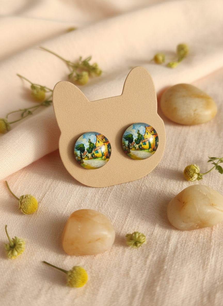 Cabochon Earring with Landscape and Town