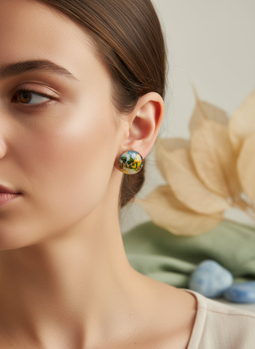 Cabochon Earring with Landscape and Town