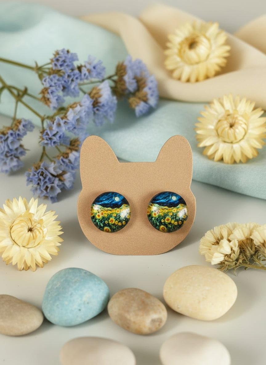 Cabochon Earring with Landscape and Town