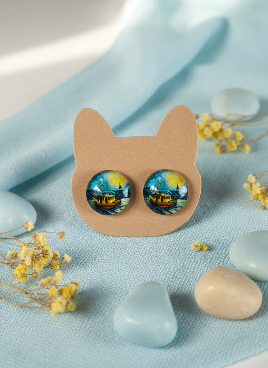 Cabochon Earring with Landscape and Town