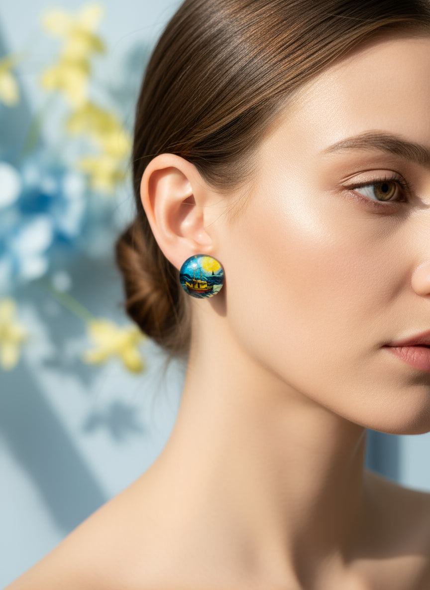 Cabochon Earring with Landscape and Town