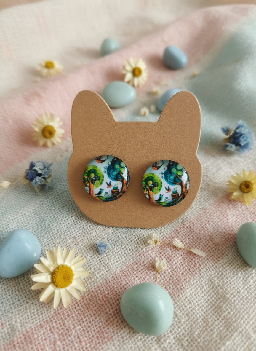 Cabochon Earring with Landscape and Town