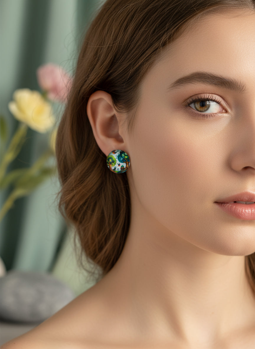 Cabochon Earring with Landscape and Town