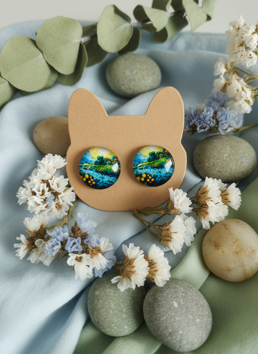 Cabochon Earring with Landscape and Town