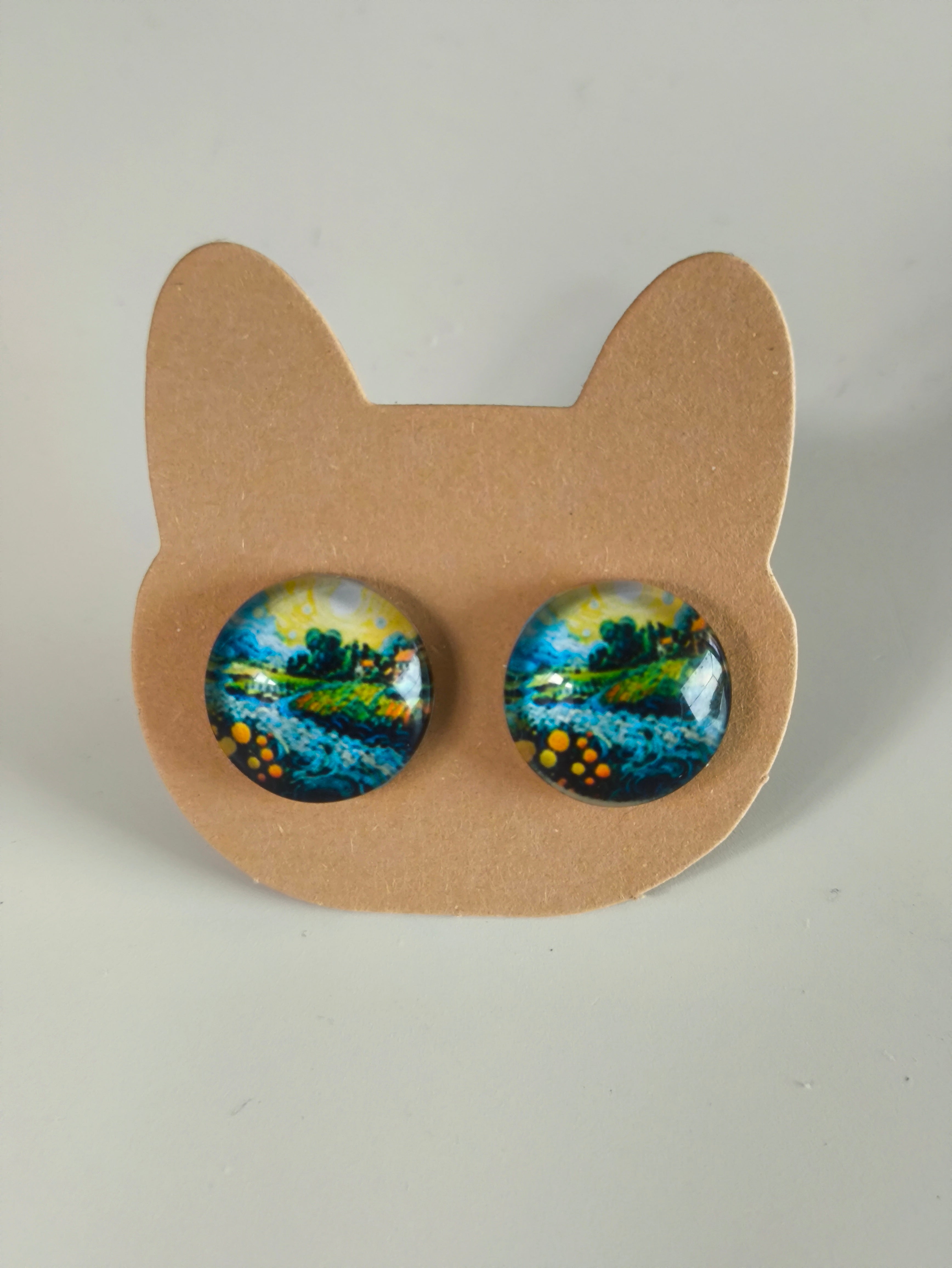 Cabochon Earring with Landscape and Town