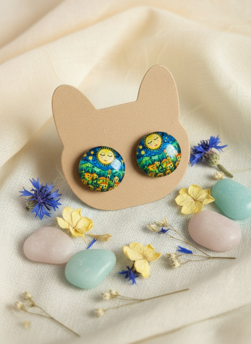 Cabochon Earring with Landscape and Town