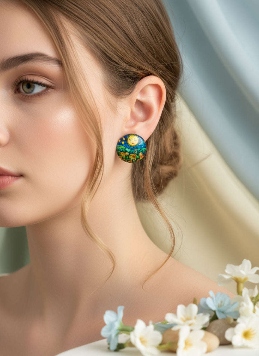 Cabochon Earring with Landscape and Town