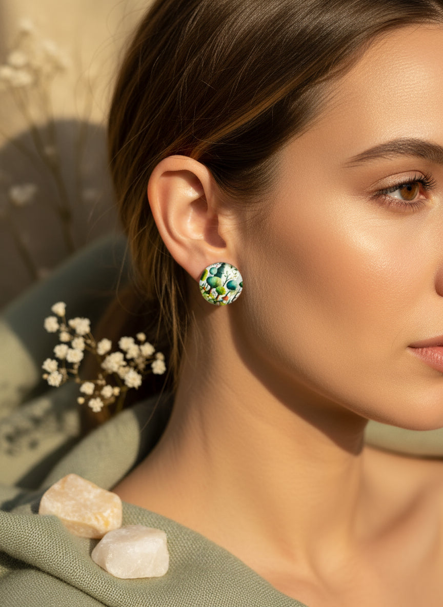 Cabochon Earring with Landscape and Town