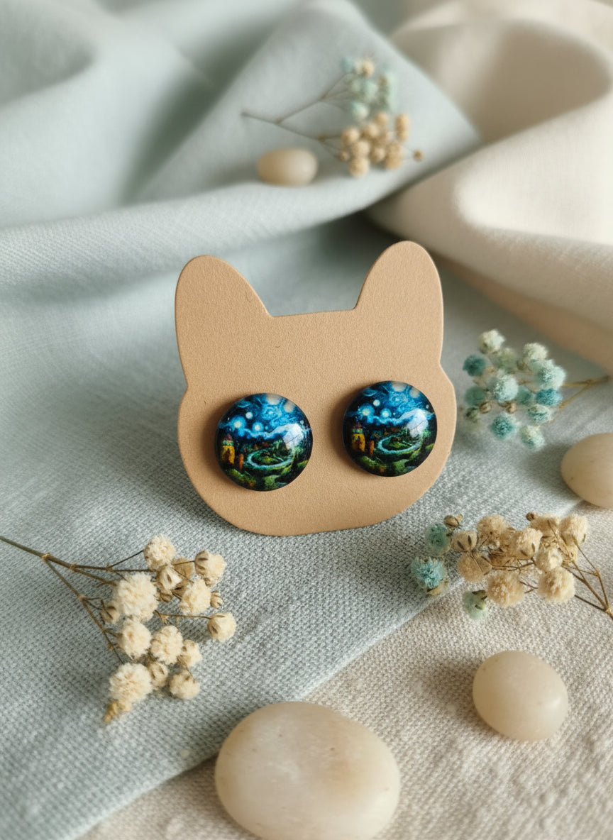 Cabochon Earring with Landscape and Town
