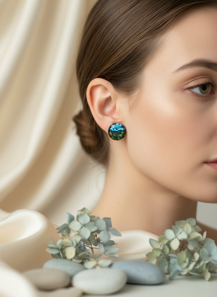 Cabochon Earring with Landscape and Town