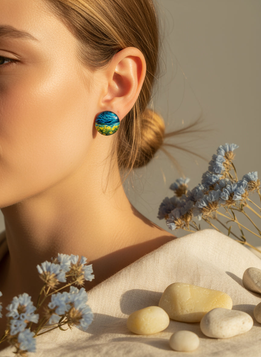 Cabochon Earring with Landscape and Town