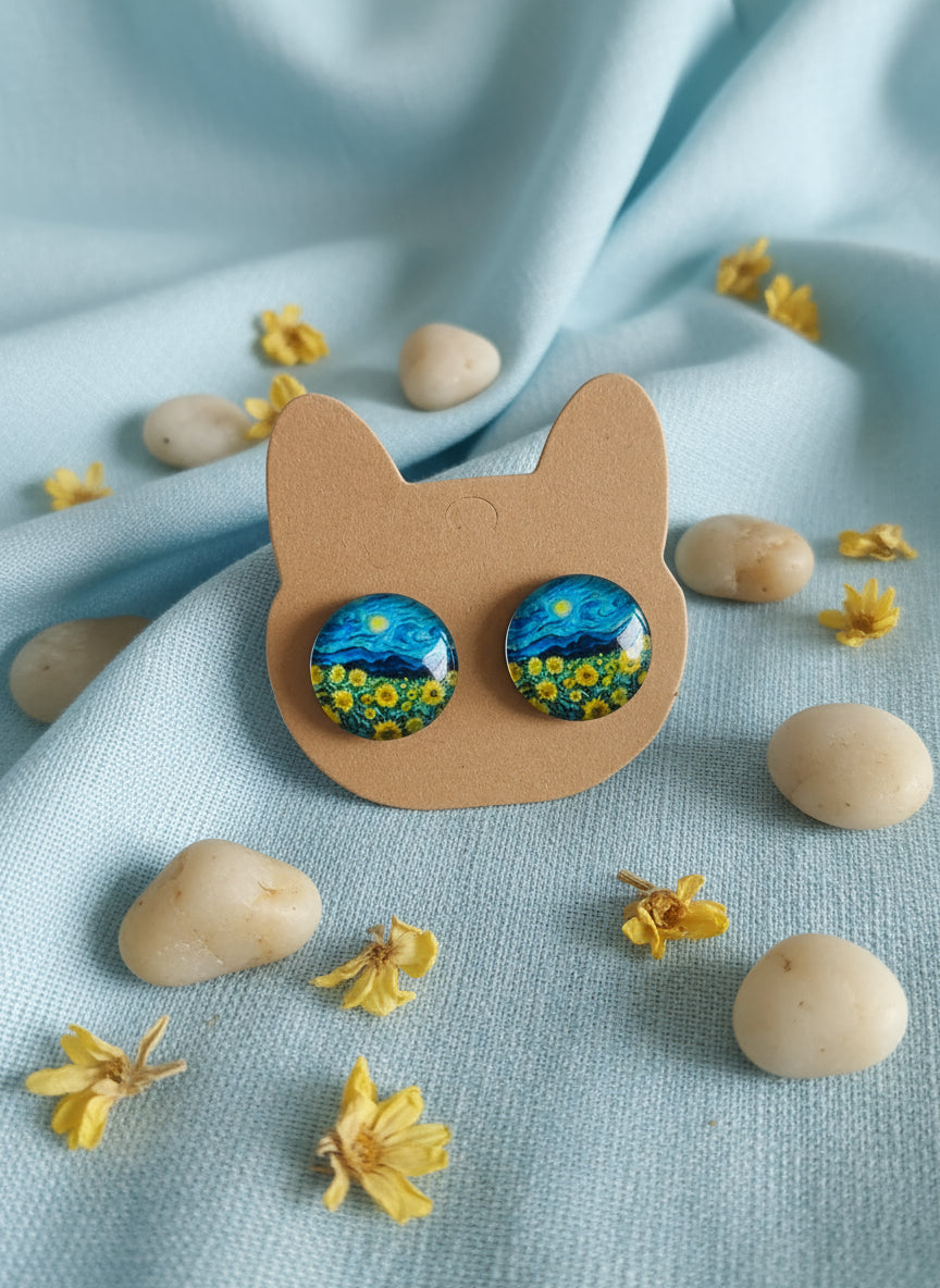 Cabochon Earring with Landscape and Town