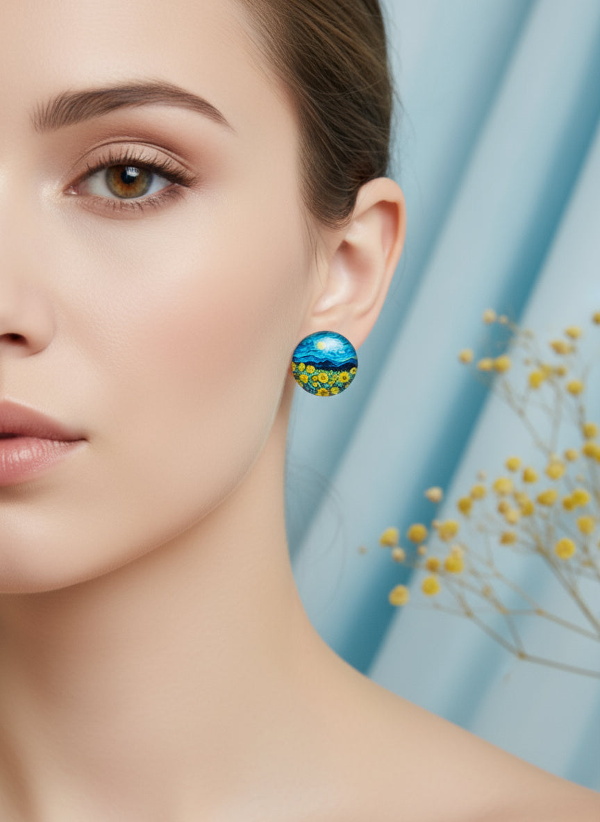 Cabochon Earring with Landscape and Town