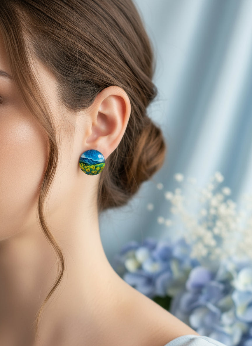 Cabochon Earring with Landscape and Town