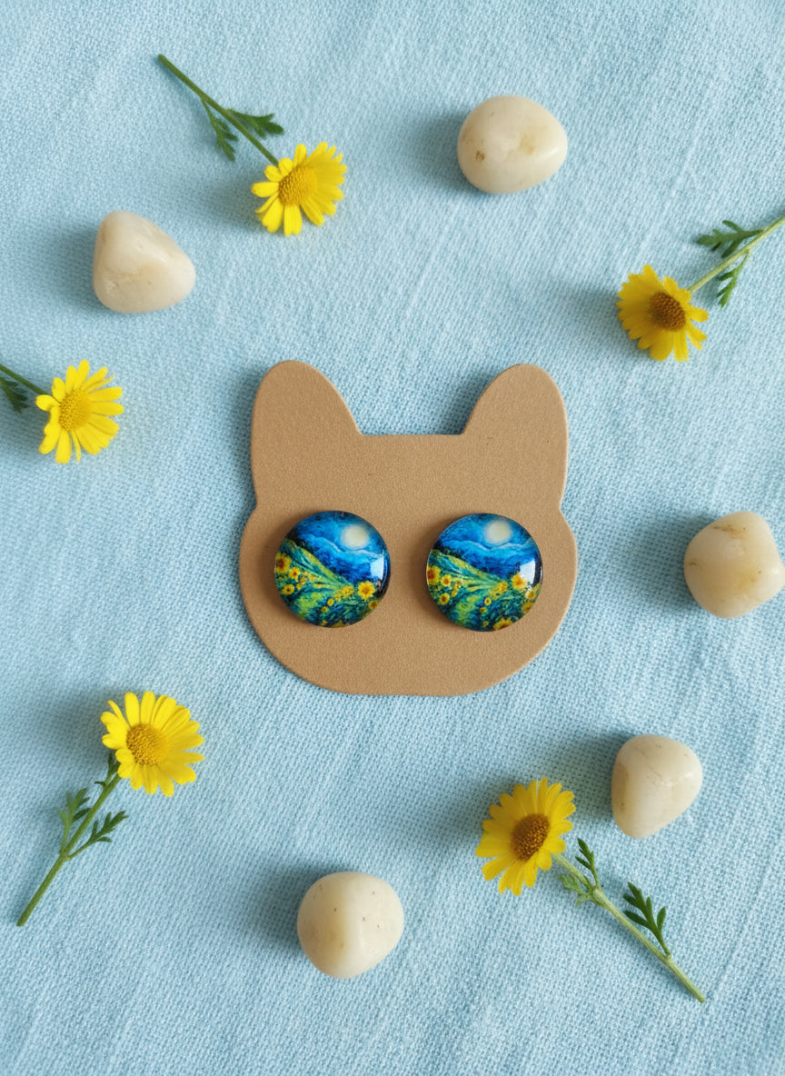 Cabochon Earring with Landscape and Town