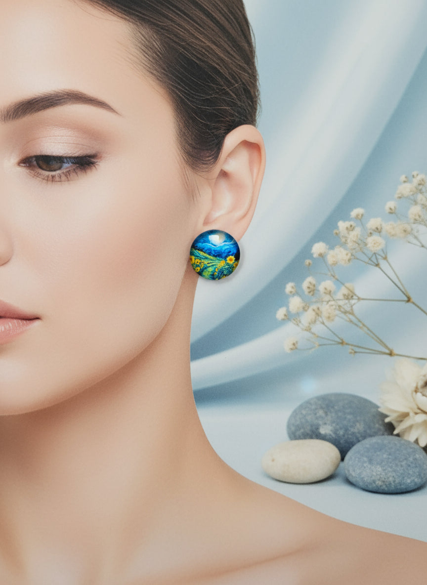 Cabochon Earring with Landscape and Town