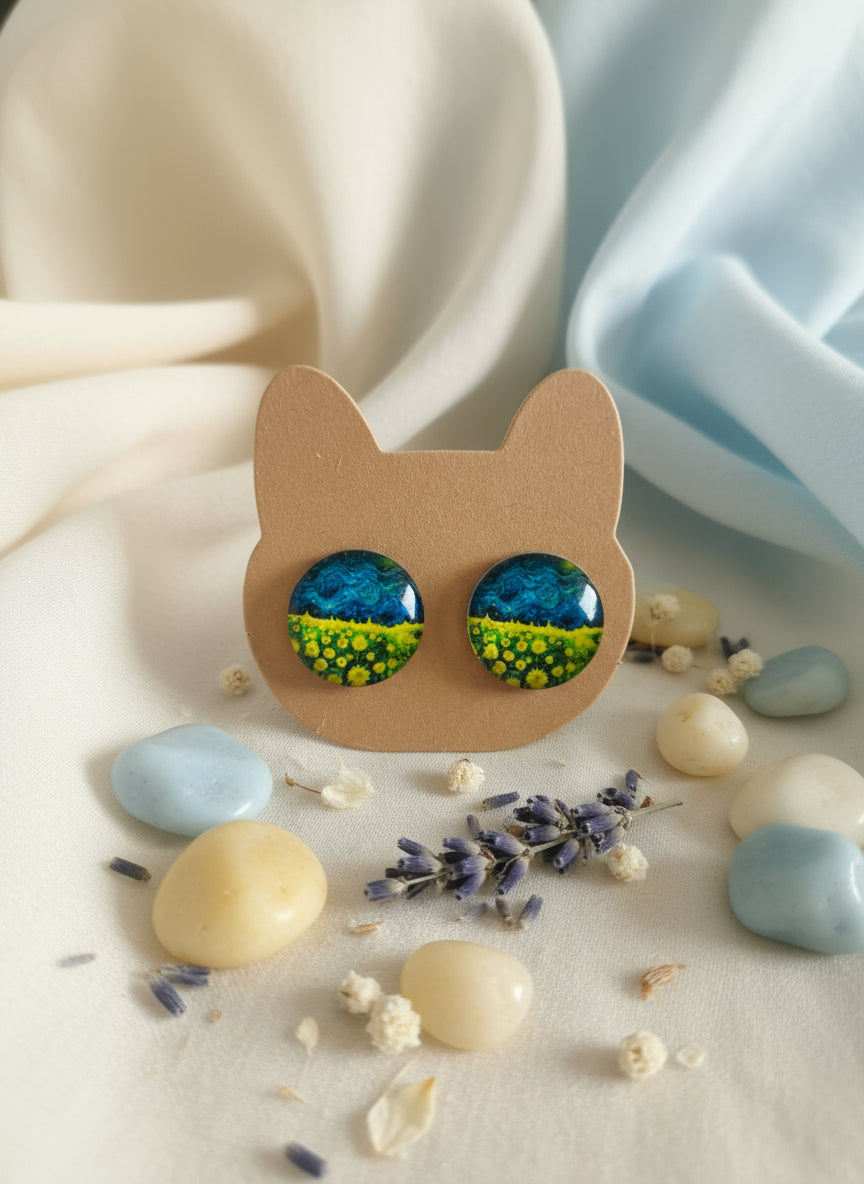 Cabochon Earring with Landscape and Town