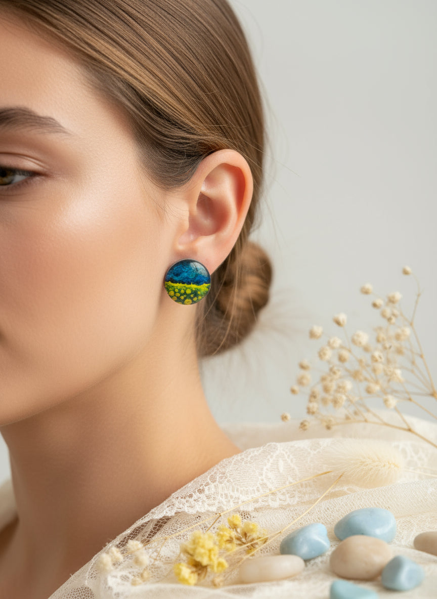 Cabochon Earring with Landscape and Town