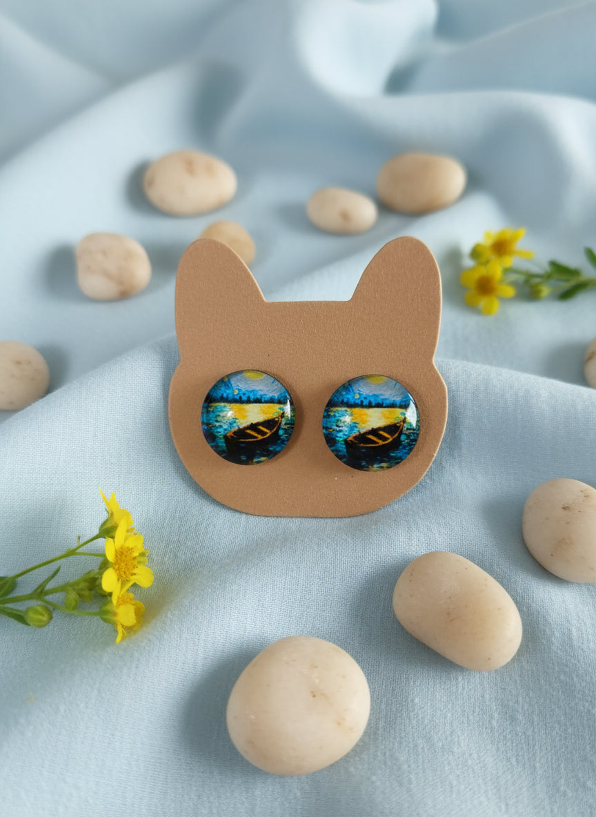 Cabochon Earring with Landscape and Town