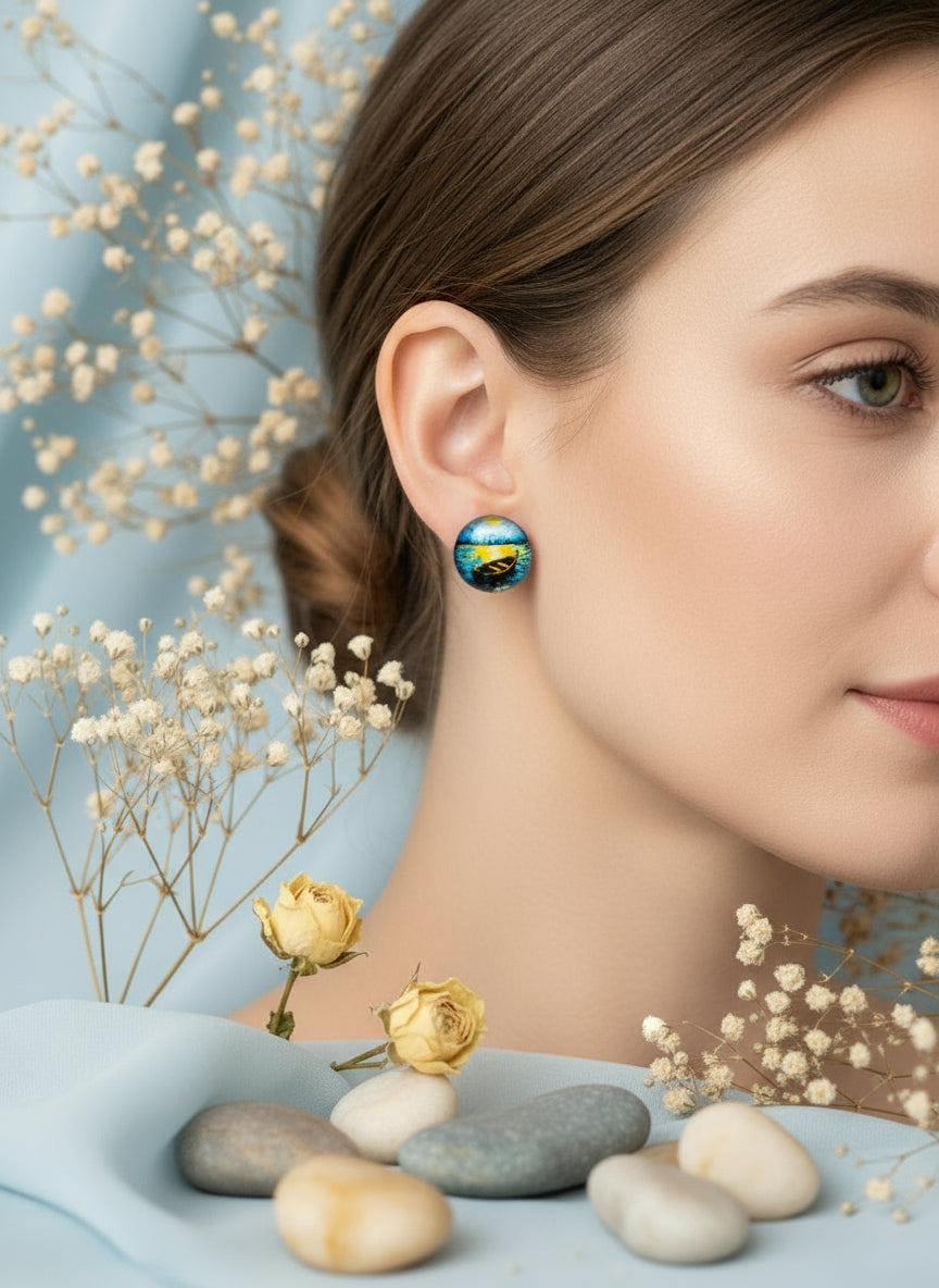 Cabochon Earring with Landscape and Town