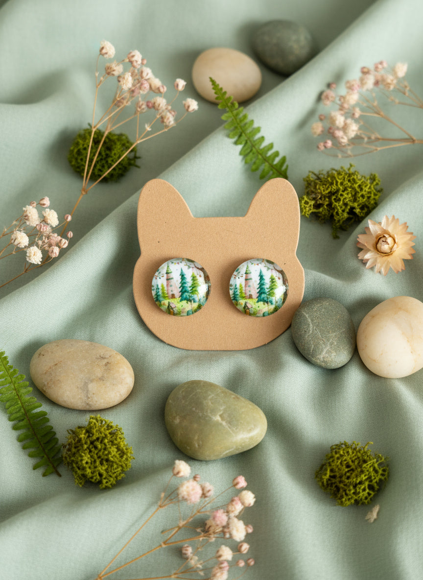 Cabochon Earring with Landscape and Town