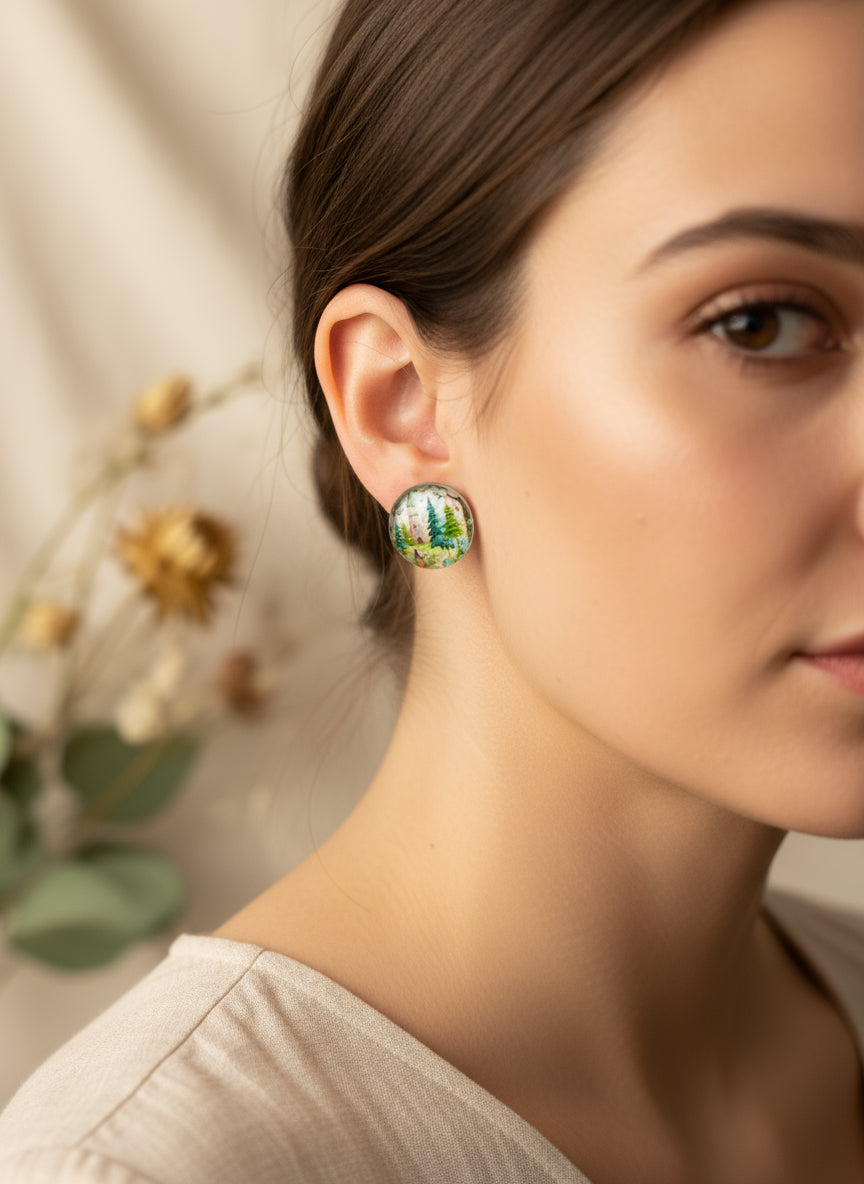 Cabochon Earring with Landscape and Town