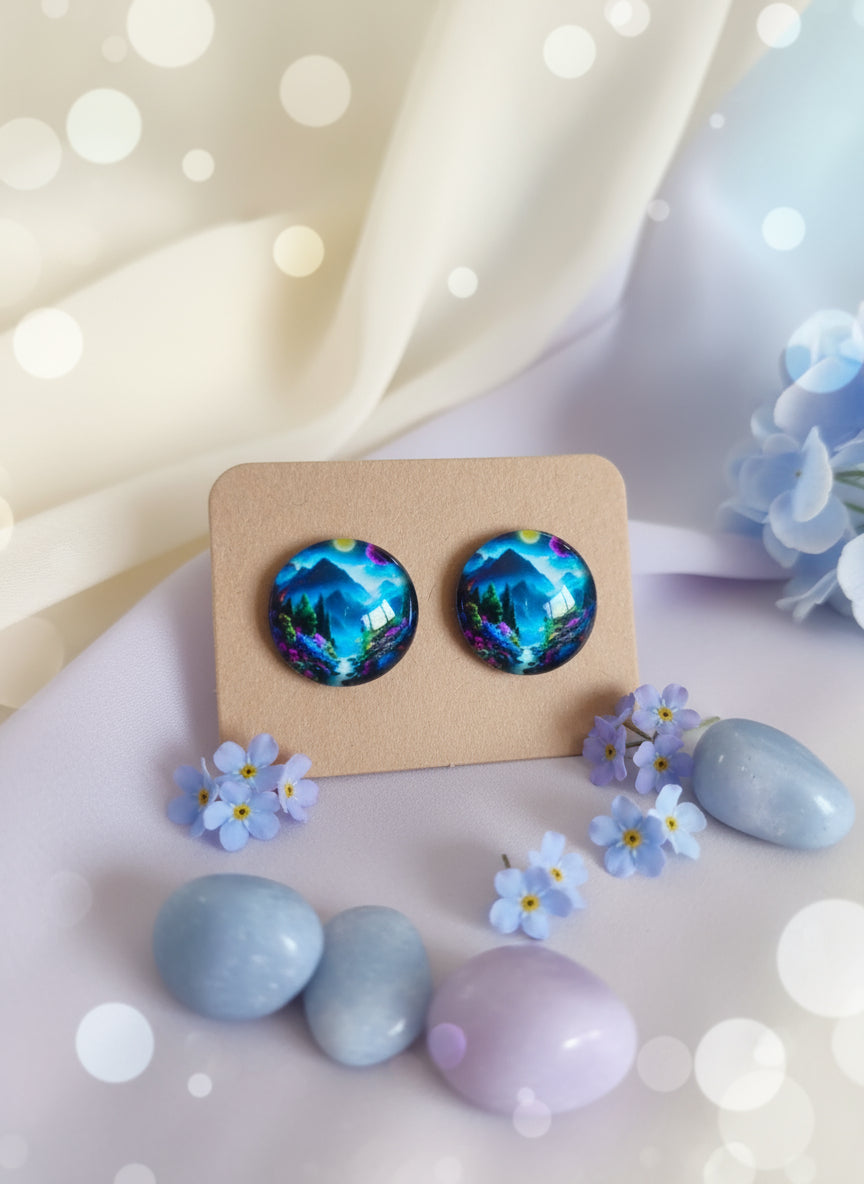 Cabochon Earring with Landscape and Town