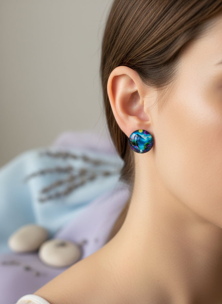 Cabochon Earring with Landscape and Town